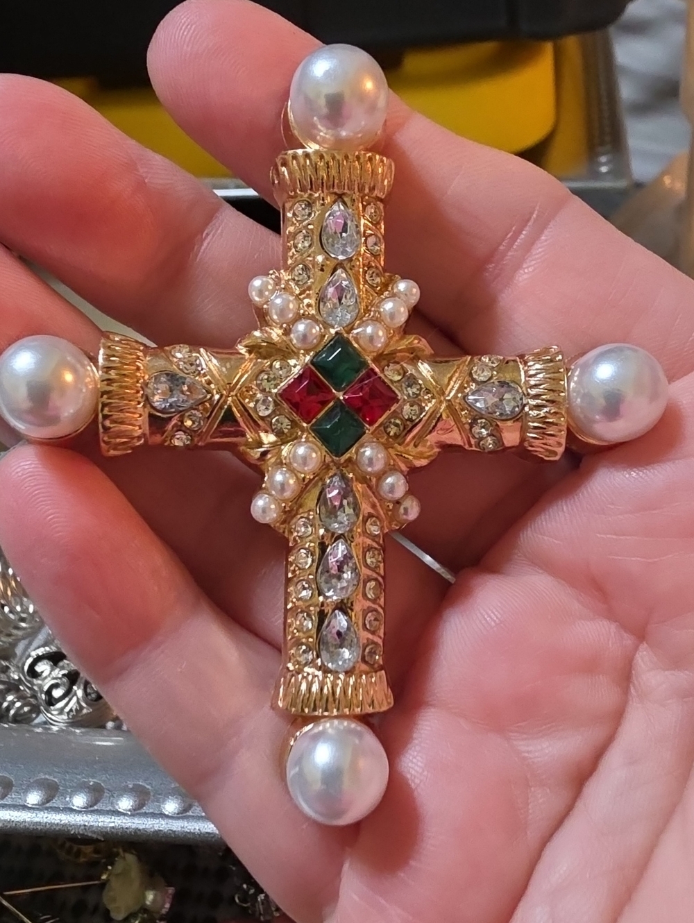 A10- Gorgeous Cross Brooch with Pearls and Red/Green Accents